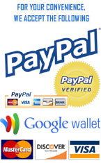 We accept Visa, MasterCard, Discover and GoogleCheckout